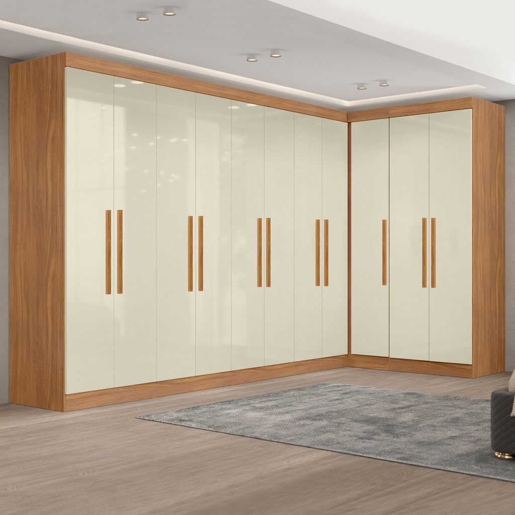 Guarda-roupa Modulado de Canto 11 Portas e 4 Gavetas Paris Cinamomo/Off White em Oferta na Shopee