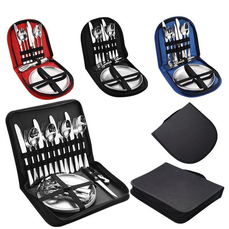 Conjunto de talheres para piquenique, acampamento ao ar livre, aço inoxidável, colher, comida ocidental, bife, prato de 