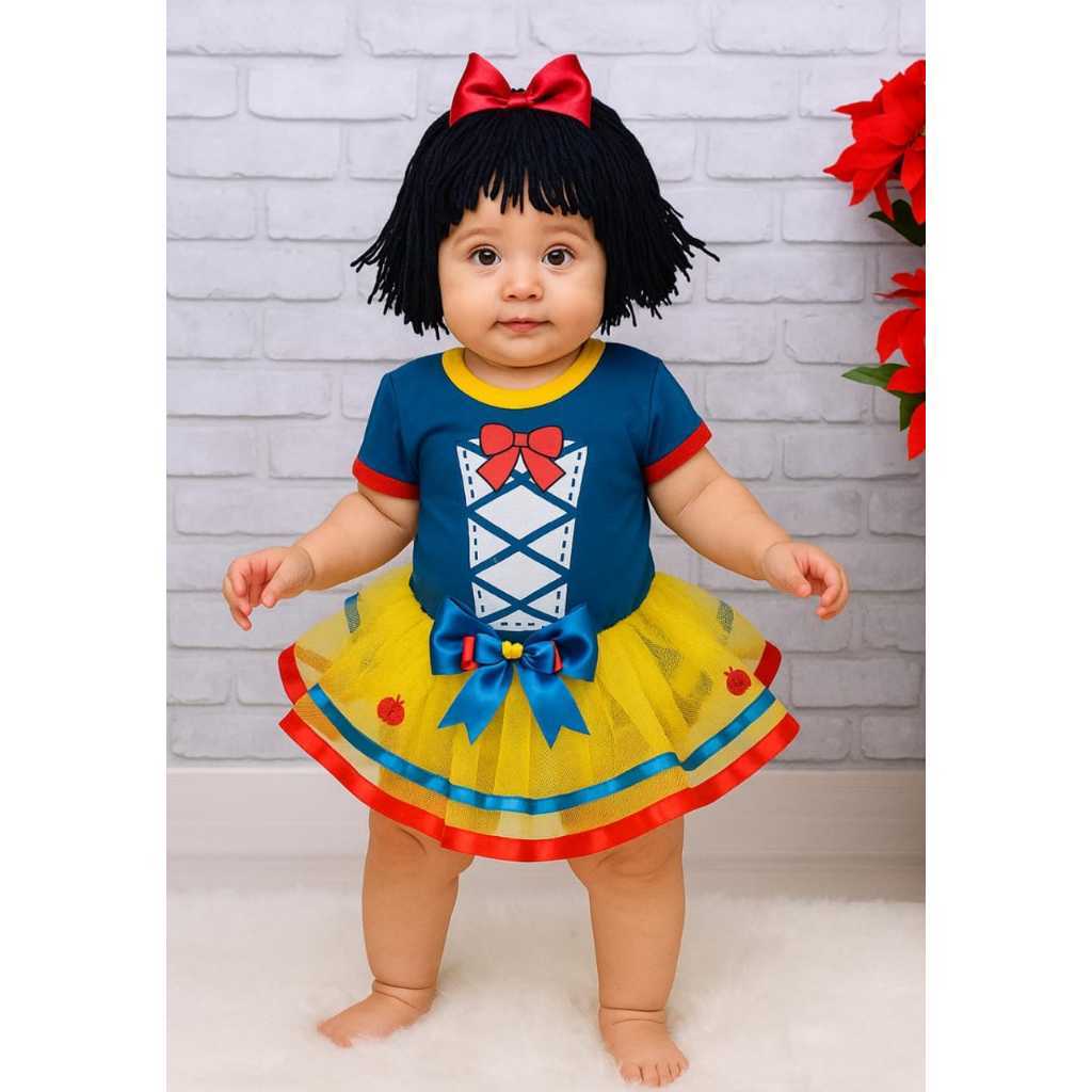 Body Bebê Temático Mesversario princesa  Branca de neve + saia de tule + tiara com cabelo