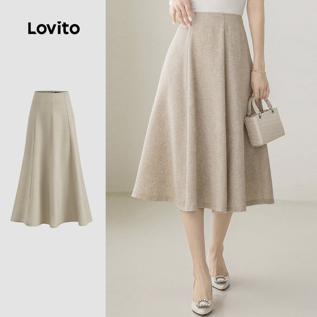 Lovito  Saias Elegantes Tecido Fosco para Deslocamento Primavera/verão Saias Khaki para Mulheres. L171ED503 em Oferta na Shopee
