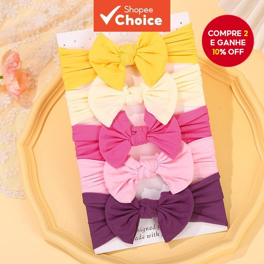 Conjunto Encantador de 5 Laços para Bebê em Tons Sólidos – Faixas de Cabelo Elásticas Suaves para Meninas