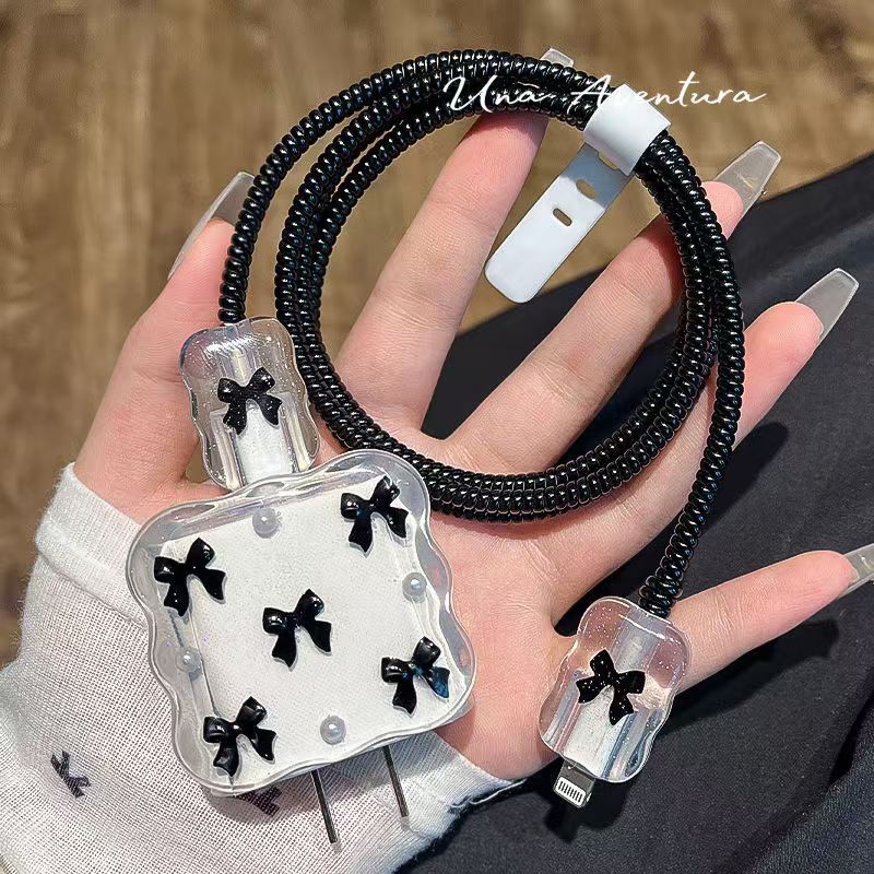 Transparente 3D Bowknot Pérola Onda Borda Epóxi USB Protetor Capa Para iPhone 18W-20W Linha De Dados Cabeça Cabo Caso Ca