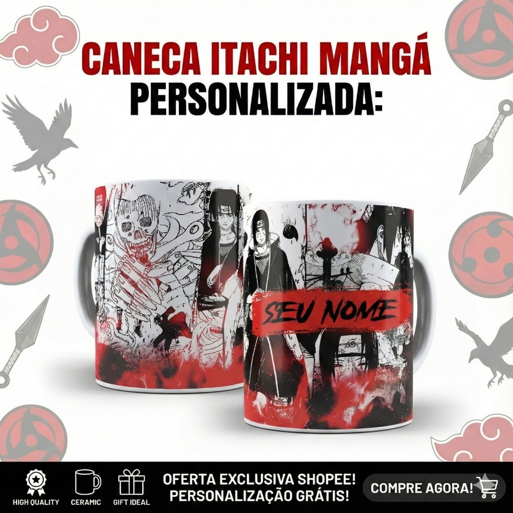 Caneca Personalizada Itachi Uchiha (Com Seu Nome) - Naruto Shippuden Arte Manga - Cerâmica 325ml