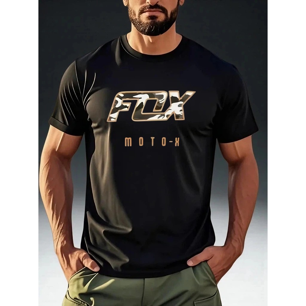 Camiseta Masculina FOX Camuflagem Letras Outdoor Esportiva Confortável Estilosa Moderna Casual