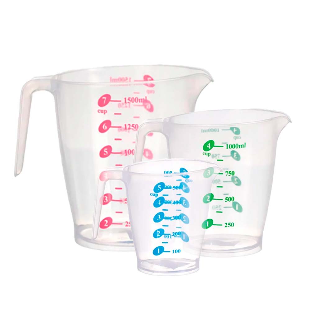 Kit 3 Jarra Medidora  500ml 1000ml 1500ml Cozinha Transparente Plástico Receita  Cozinha Medida Bico