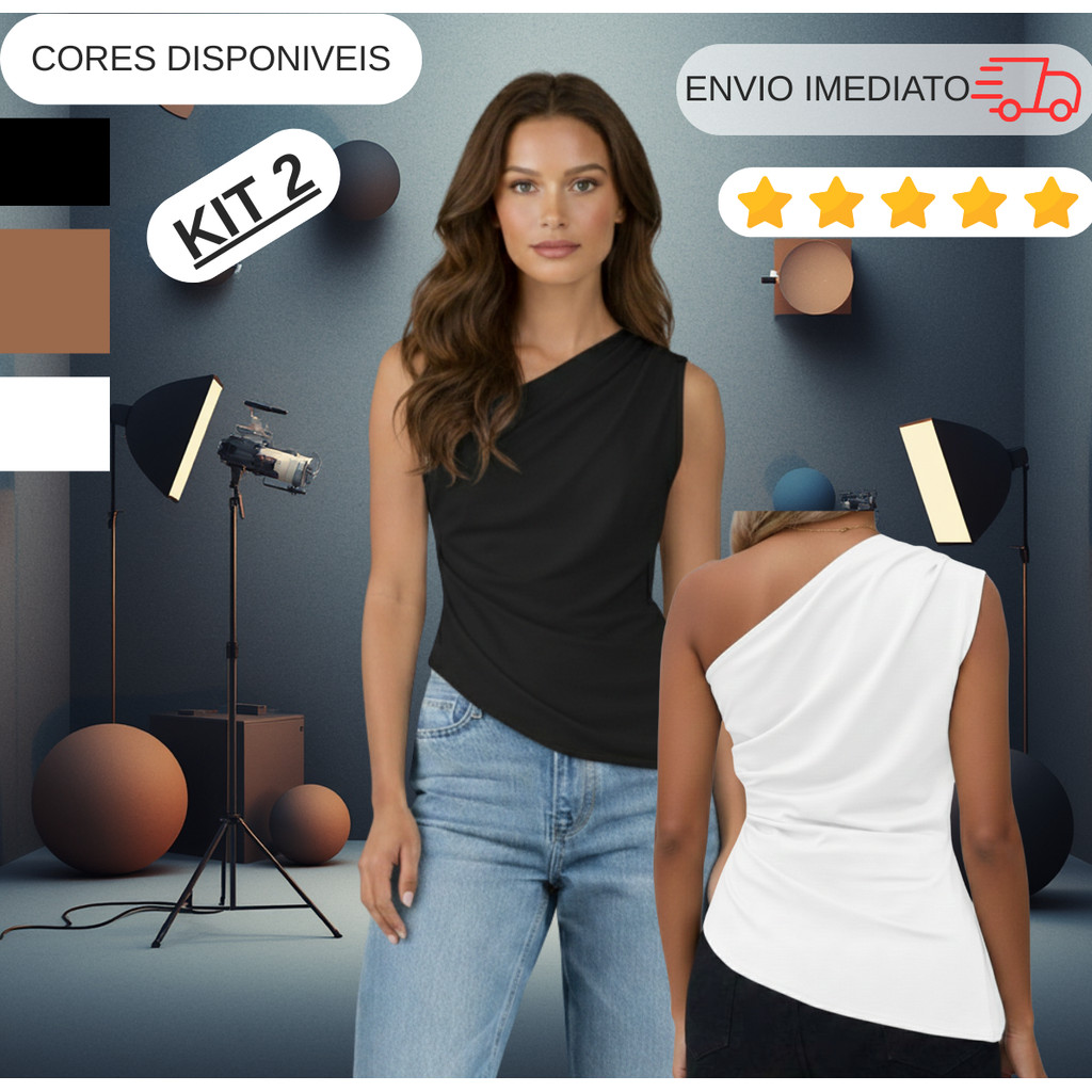 KIT 2 Blusa Feminina Elegante Casua Mula Manca Com Franzido Assimétrica l Ombro Único em Oferta na Shopee
