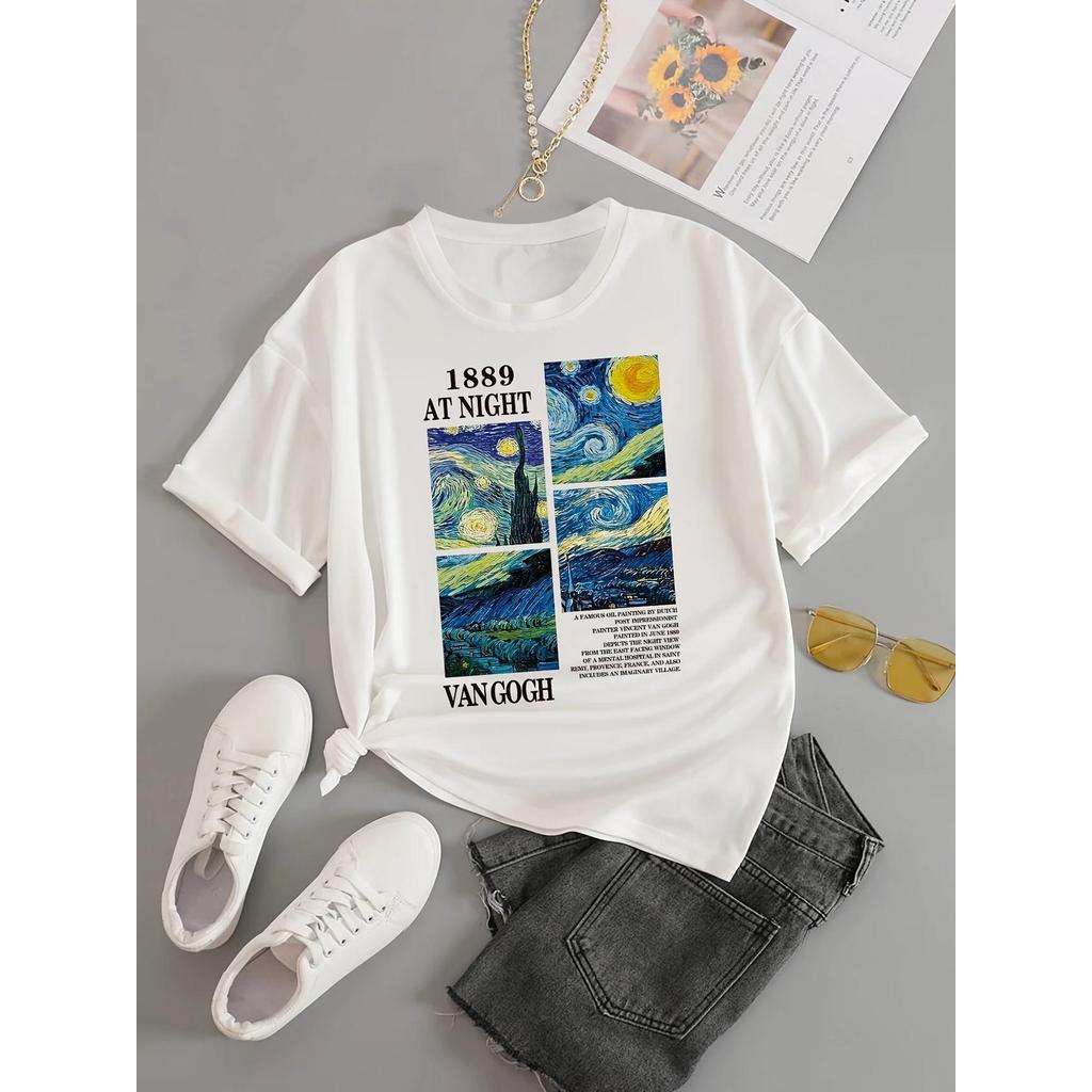 Camiseta Feminina Streetwear Algodão Penteado Infantil Adulto Plus Size Estampa Van Gogh Pintura Obra Arte Estudo Moda