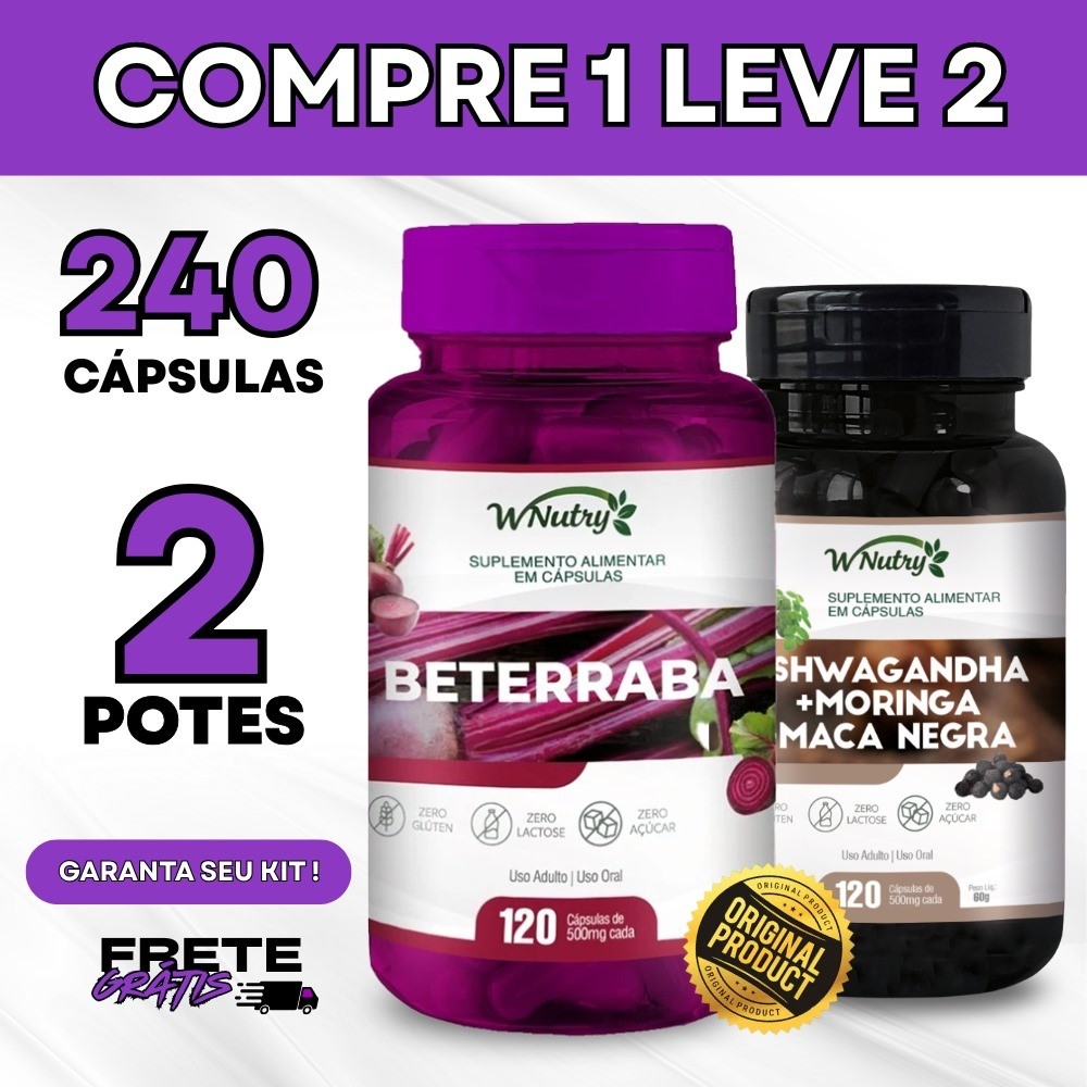 Combo Compre 1 Leve 2 – Beterraba 500mg + Ashwagandha Moringa – 240 Cáps