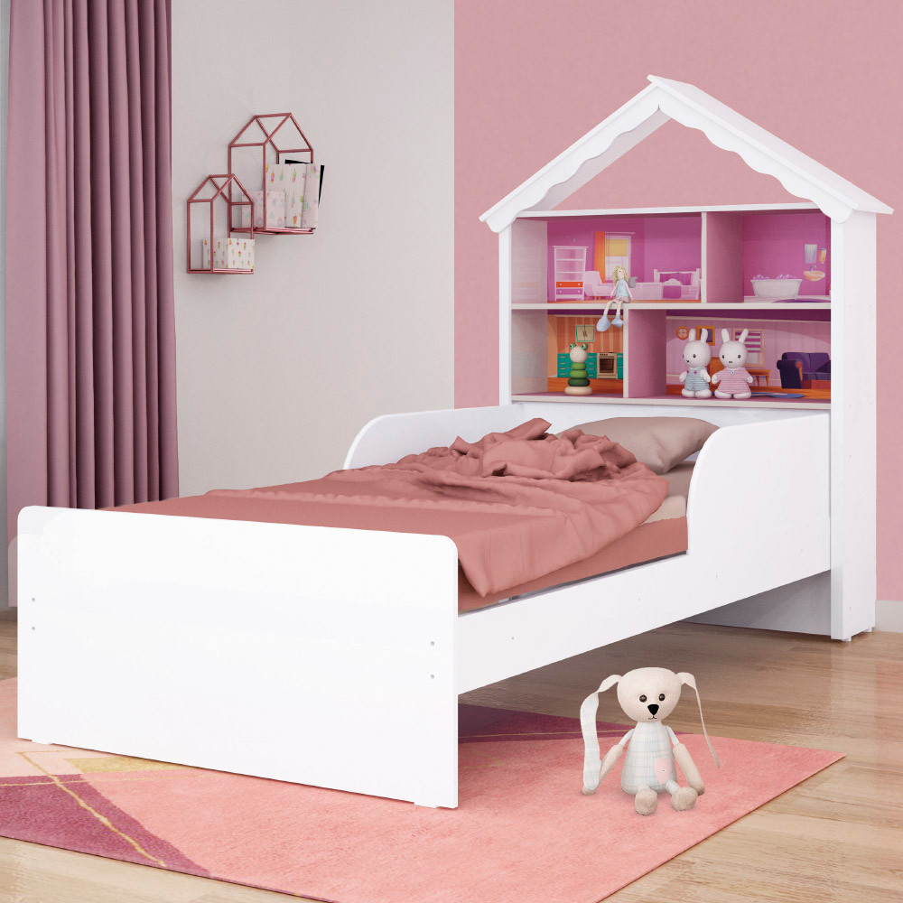 Cama Infantil Tuboarte Laura 100% MDF com Cabeceira Casa de Boneca em Oferta na Shopee