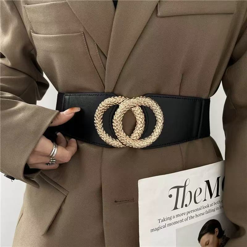 Cinto Feminino Largo Preto com Fivela Dupla Dourada Elegante Fashion