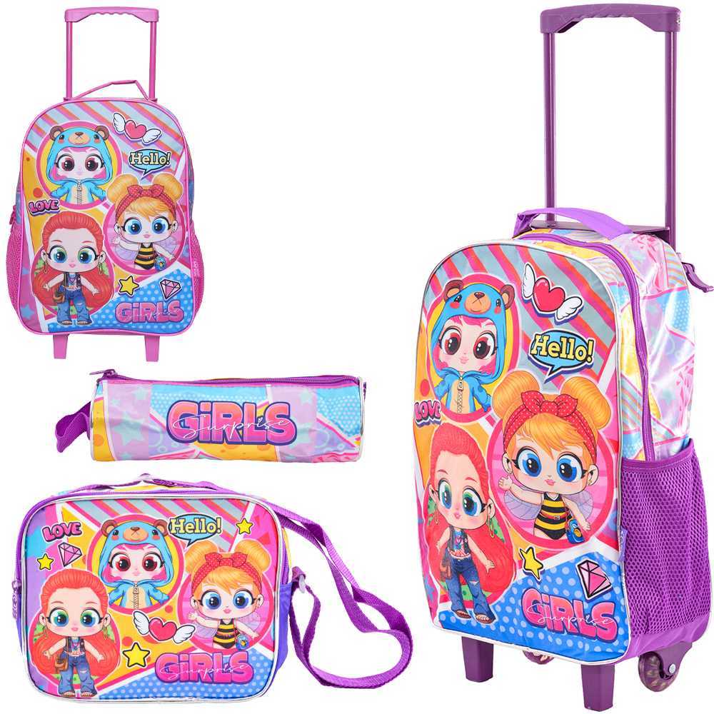KIT MOCHILA COM RODINHA + LANCHEIRA + ESTOJO HELLO LOVE GIRLS SURPRISE - WINCY