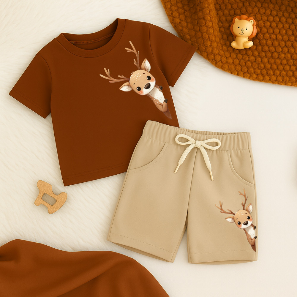Conjunto Infantil Masculino Camiseta Algodão + Short Masculino Estampado Rena Escondida 960 Kit