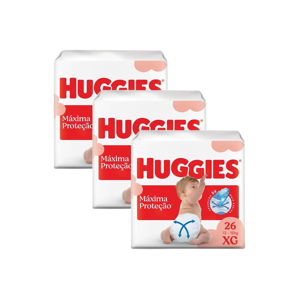 Kit 3 Fralda Huggies Máxima Proteção Tamanho XG Mega 26 Unidades Descartáveis