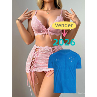 Conjunto de Lingerie Sexy de Comércio Exterior Europeu e Americano Sutiã de Renda Saia Curta Tanga Laço Conjunto de Três em Oferta na Shopee