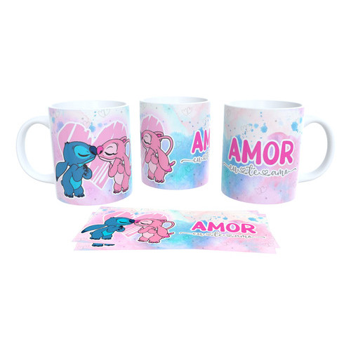 Caneca de Cerâmica STITCH E ANGEL Amor Eu Te Amo. Romantica.