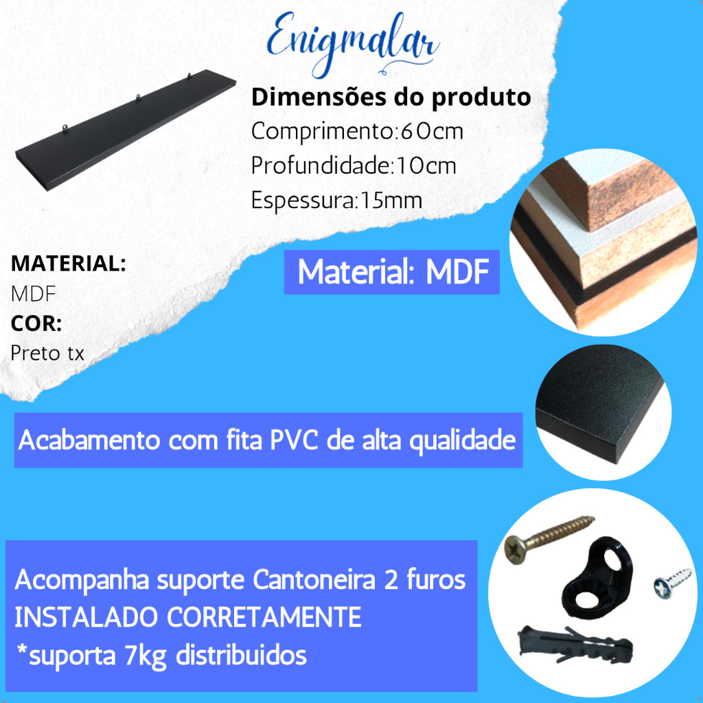 1 Prateleira Preta 60X10 Com Suporte Flutuante Mdf  Organizadora Decoração Cozinha Quarto Banheiro