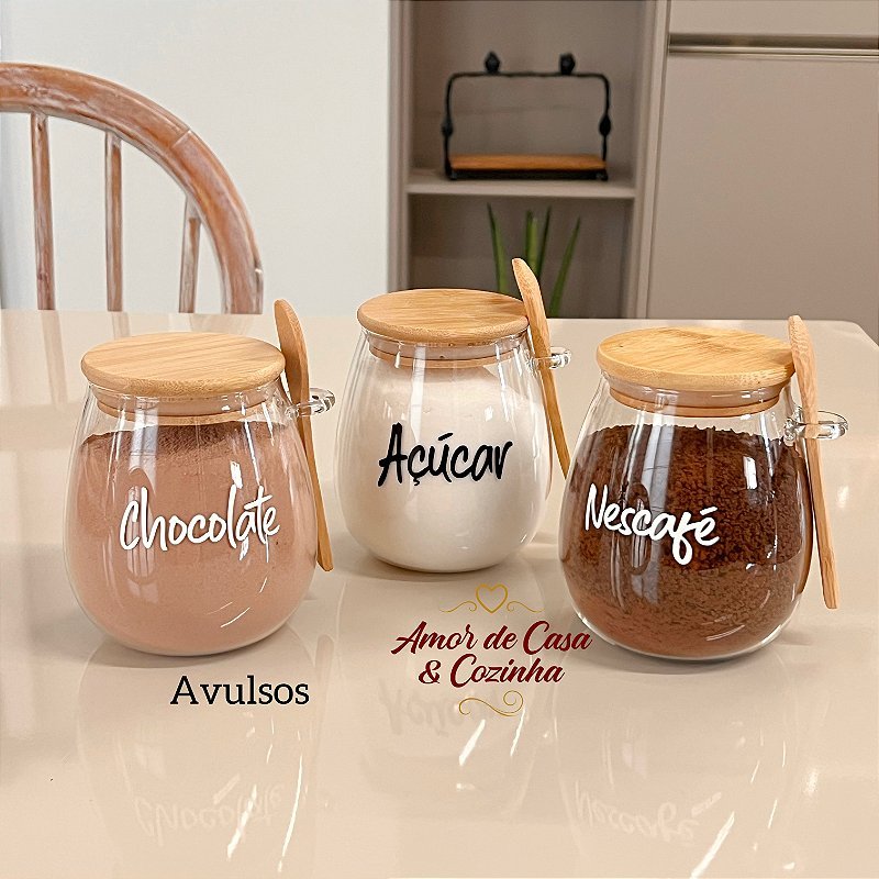 ESCOLHA A PERSONALIZAÇÃO 750ML POTE STYLE TAMPA E COLHER DE BAMBU AVULSO