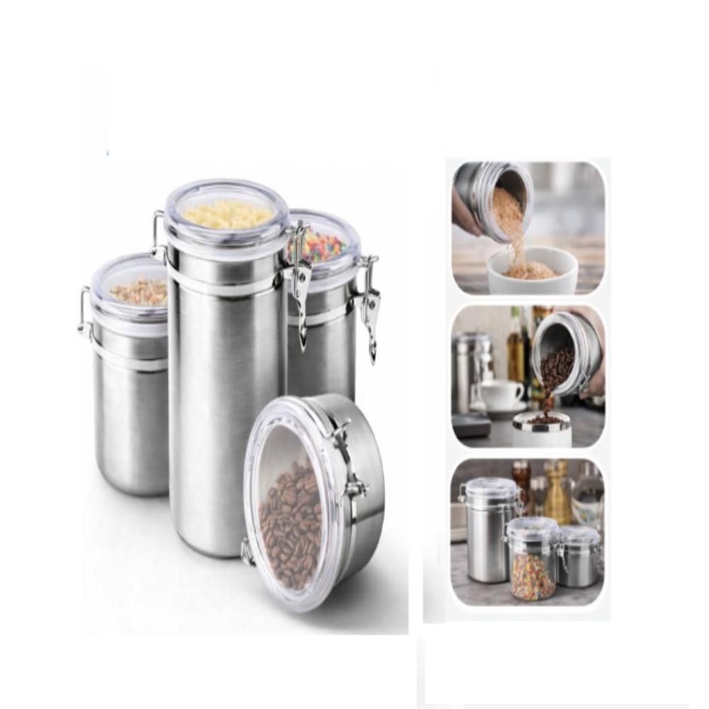 KIT 4 POTES PORTA MANTIMENTOS INOX HERMETICO CONJUNTO TAMPA VEDAÇAO CAFE ALIMENTOS PREMIUM COMPLETO