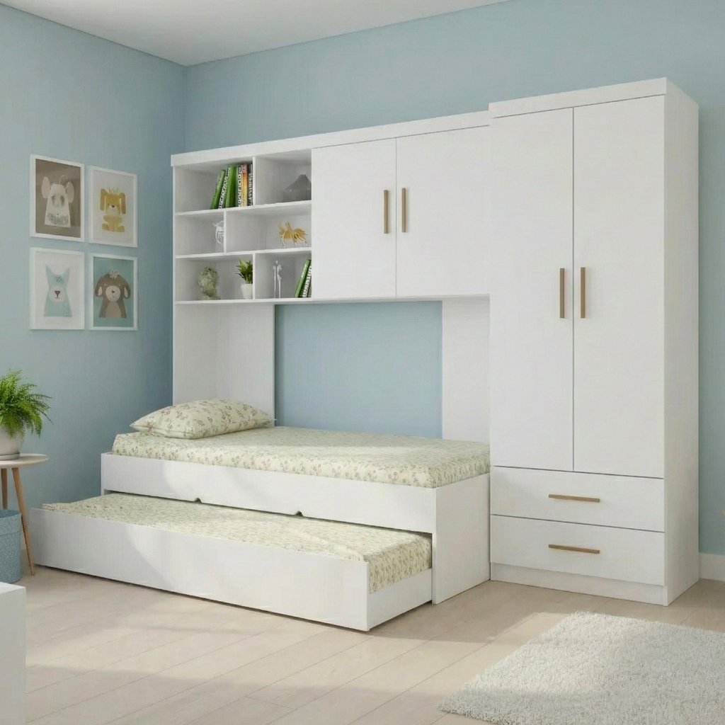 Quarto Completo Solteiro Juvenil 4 Peças com Guarda Roupa e Bicama Modulado Chiara Branco Branco em Oferta na Shopee