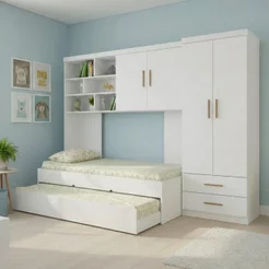 Quarto Completo Solteiro Juvenil 4 Peças com Guarda Roupa e Bicama Modulado Chiara Branco Branco