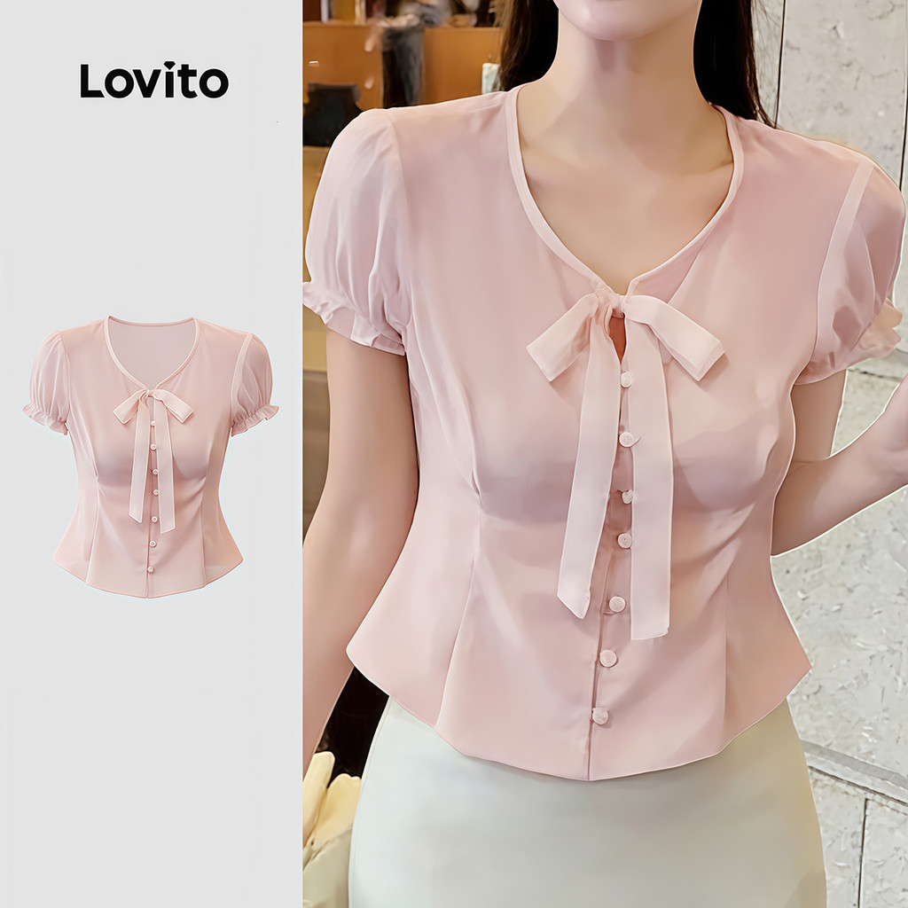 Lovito Blusa Elegante com Amarração e Babado para Primavera/verão Blusa Rosa para Mulheres LK4LD2263 em Oferta na Shopee