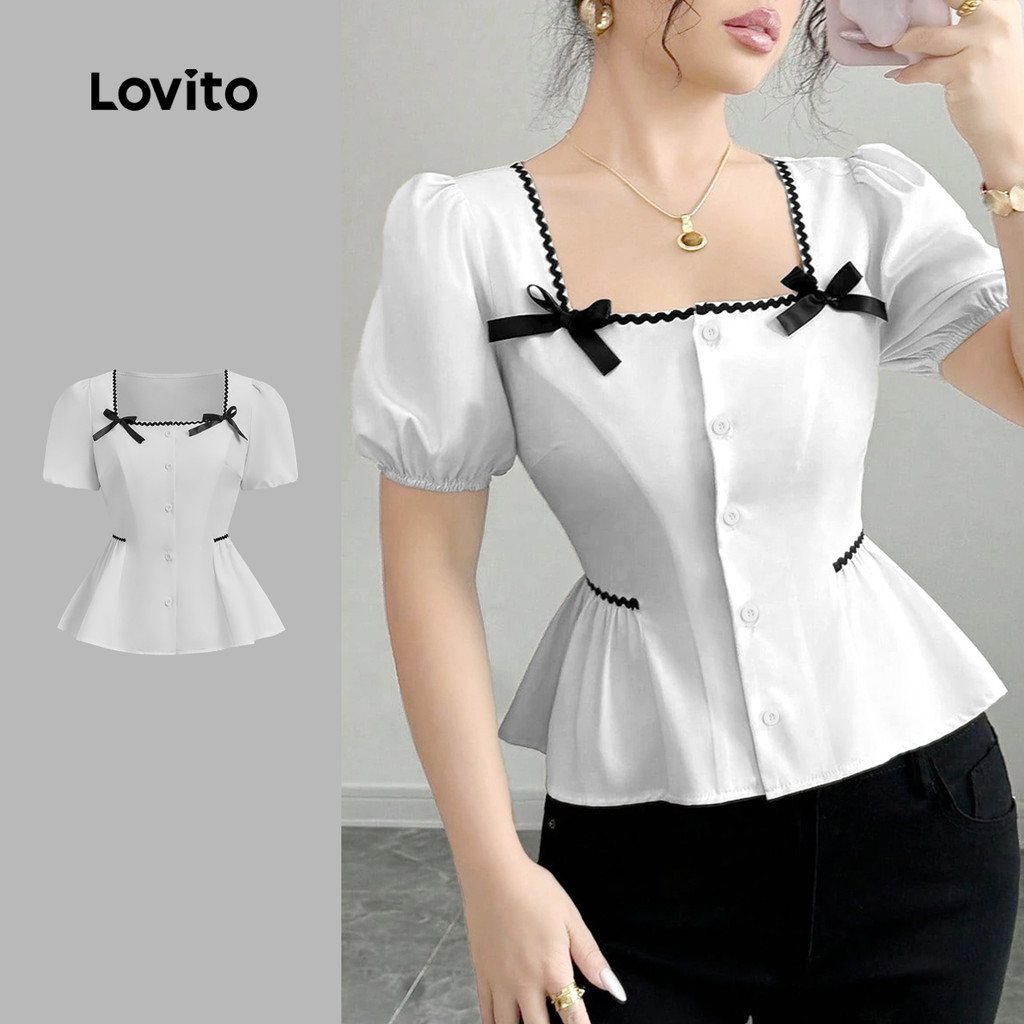Lovito  Blusa Elegante Fita de Contraste Arco Botão Primavera/verão Blusa Preta e Branca para Mulheres L172LD1429