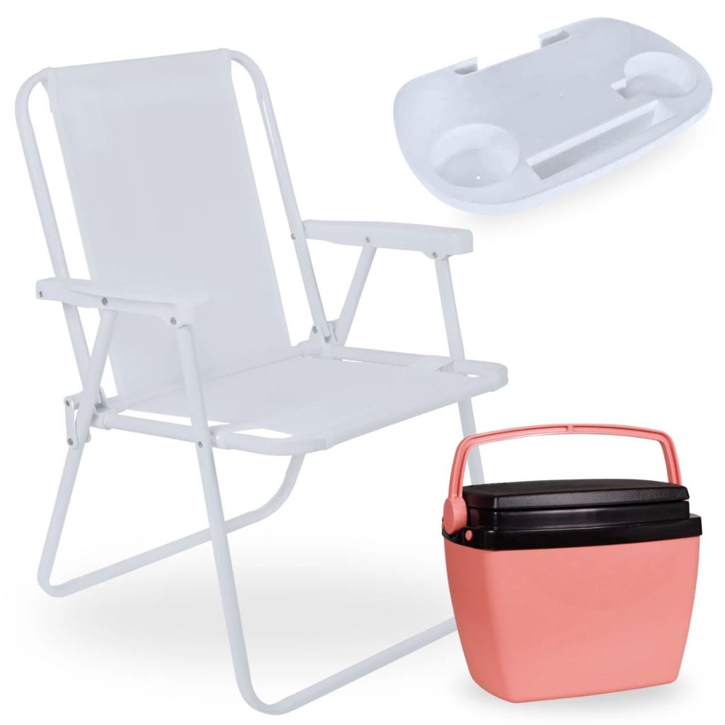 Kit Praia Cadeira 110kg + Caixa Térmica 6l Rosa Cooler + Mesa Porta-copos Portátil Mesa e Cadeira Brancas