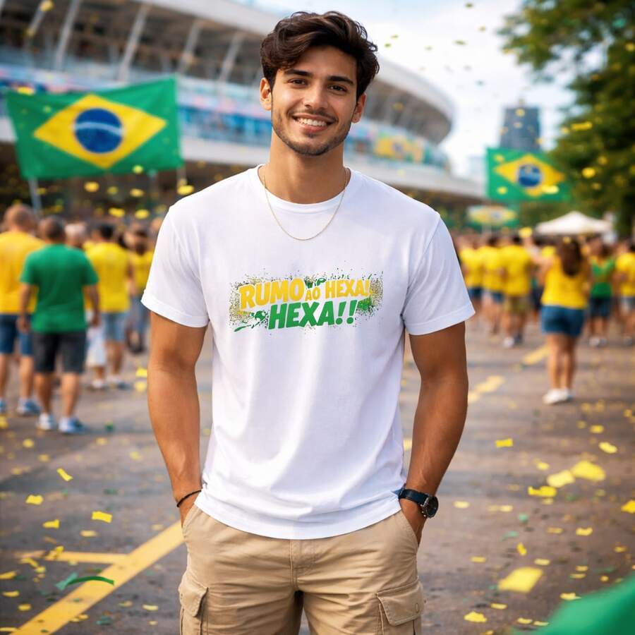 Camiseta Masculina 100% Algodão  Frase Rumo Ao Hexa Colorido Brasil  Futebol Copa do Mundo Torcida