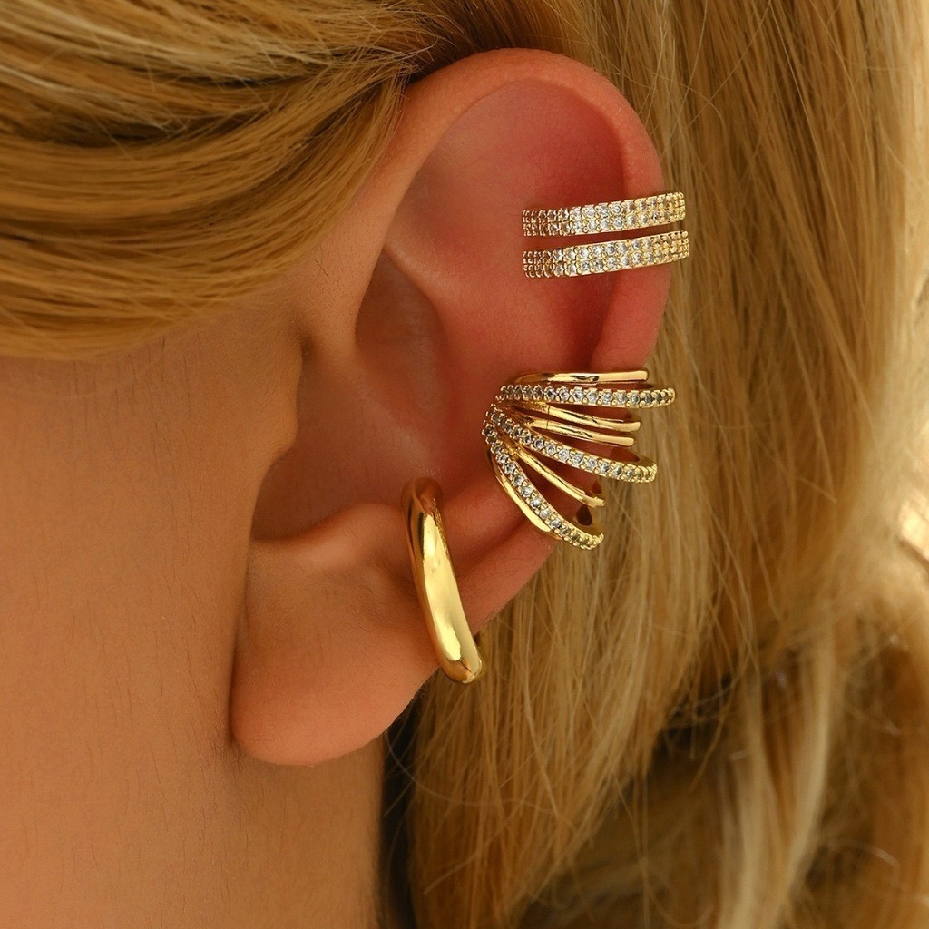 3 Piercing Fake de Orelha Delicado Brinco de Pressão Conjunto da Moda Unissex Falso Cravejado Banhada Ouro 18k Prata 925