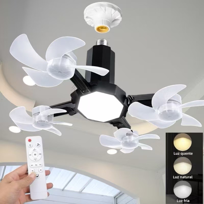 Ventilador de Teto Dobrável LED 50W Ou 60W Controle Remoto E27 Bivolt Escurecimento Universal 2 Em 1 - MGC
