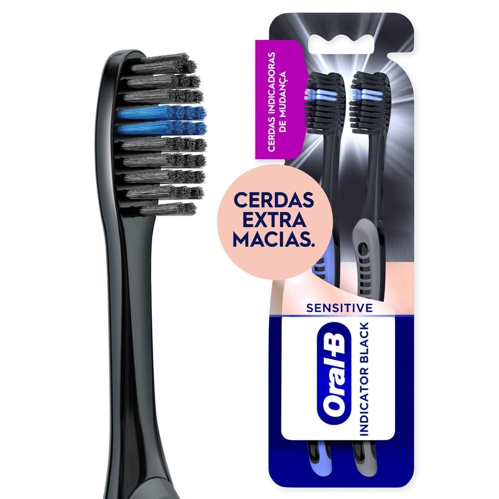 Escova Dental Oral-B Indicator Black Sensitive com Carvão Extra Macia com 2 Unidades em Oferta na Shopee