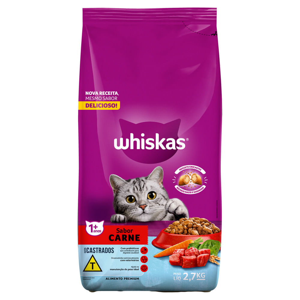Ração para Gatos Whiskas Castrados Adultos 1+ Sabor Carne 2,7kg em Oferta na Shopee