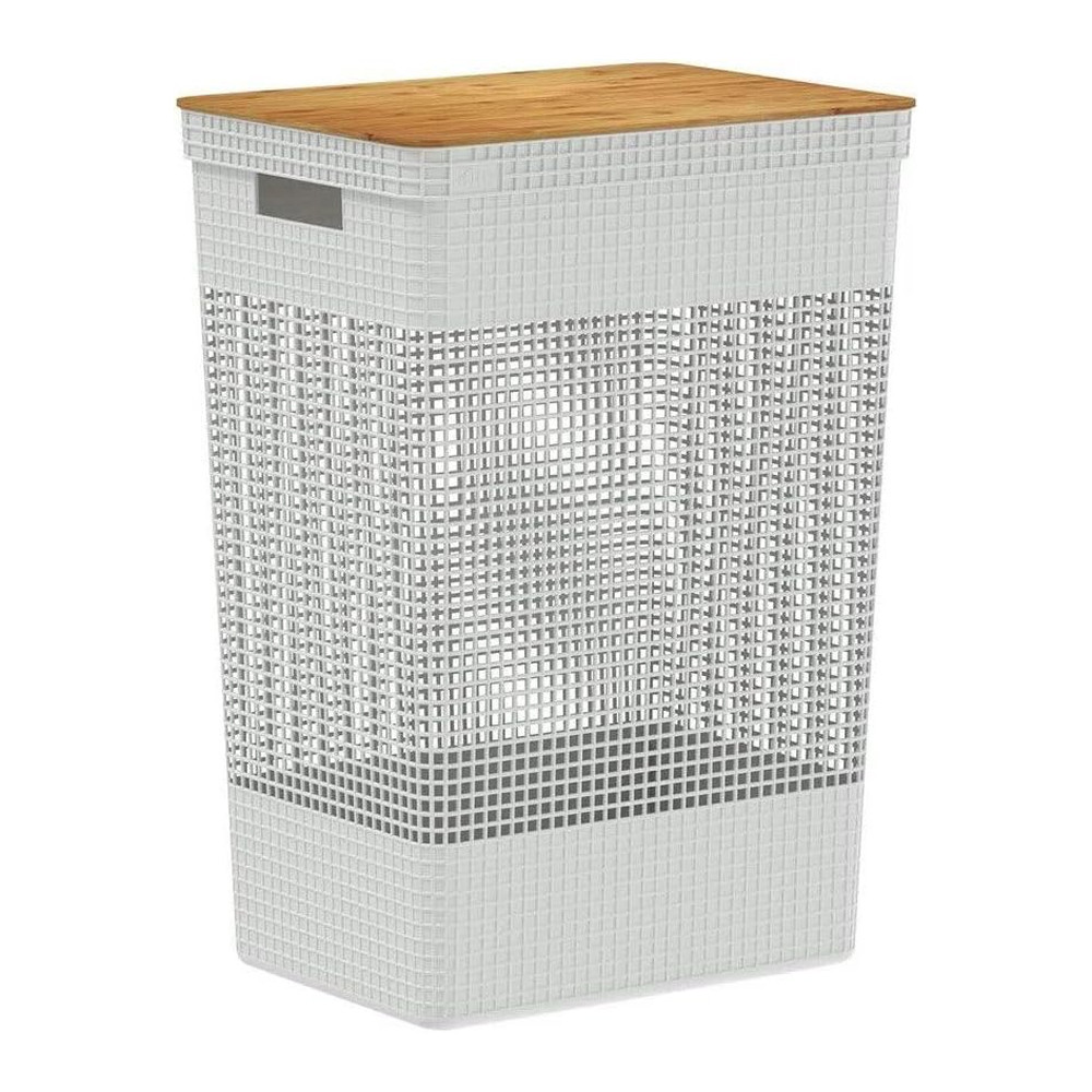 Cesto de Roupas Grid 49L Branco Oceano Tampa em Bambu OU