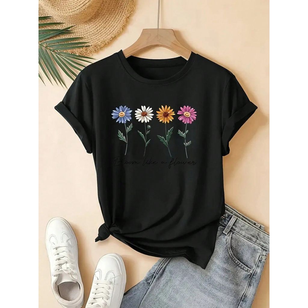 Camiseta Algodão Feminina Básica Premium Floresça como uma flor Presente Casual Moda Primavera Confortável