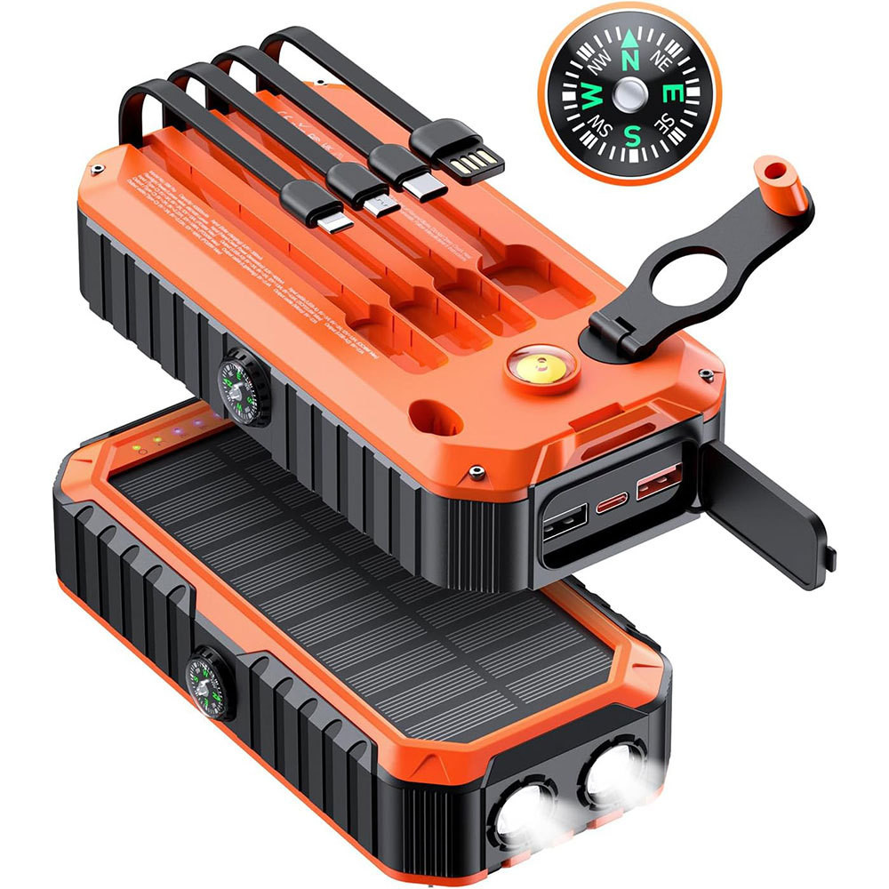 Banco de energia solar de 40000mAh com 4 cabos integrados e manivela, equipado com uma lanterna potente e bússola em Oferta na Shopee