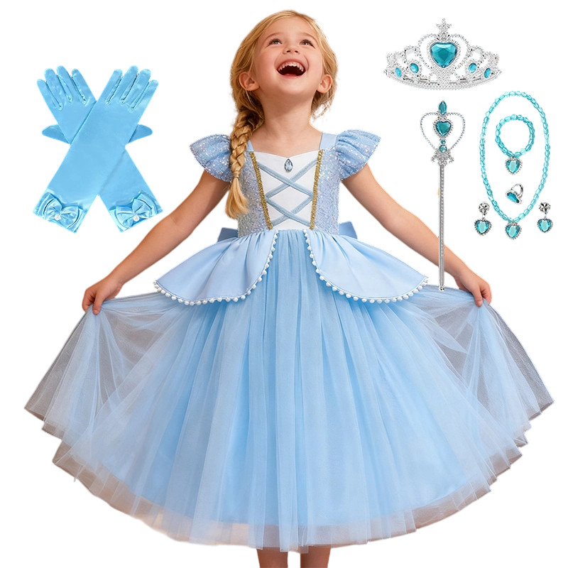 Meninas Cinderela Vestido De Princesa Crianças Azul Claro Manga Curta Festa De Aniversário Carnaval Cosplay Traje em Oferta na Shopee