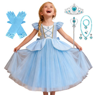 Meninas Cinderela Vestido De Princesa Crianças Azul Claro Manga Curta Festa De Aniversário Carnaval Cosplay Traje em Oferta na Shopee