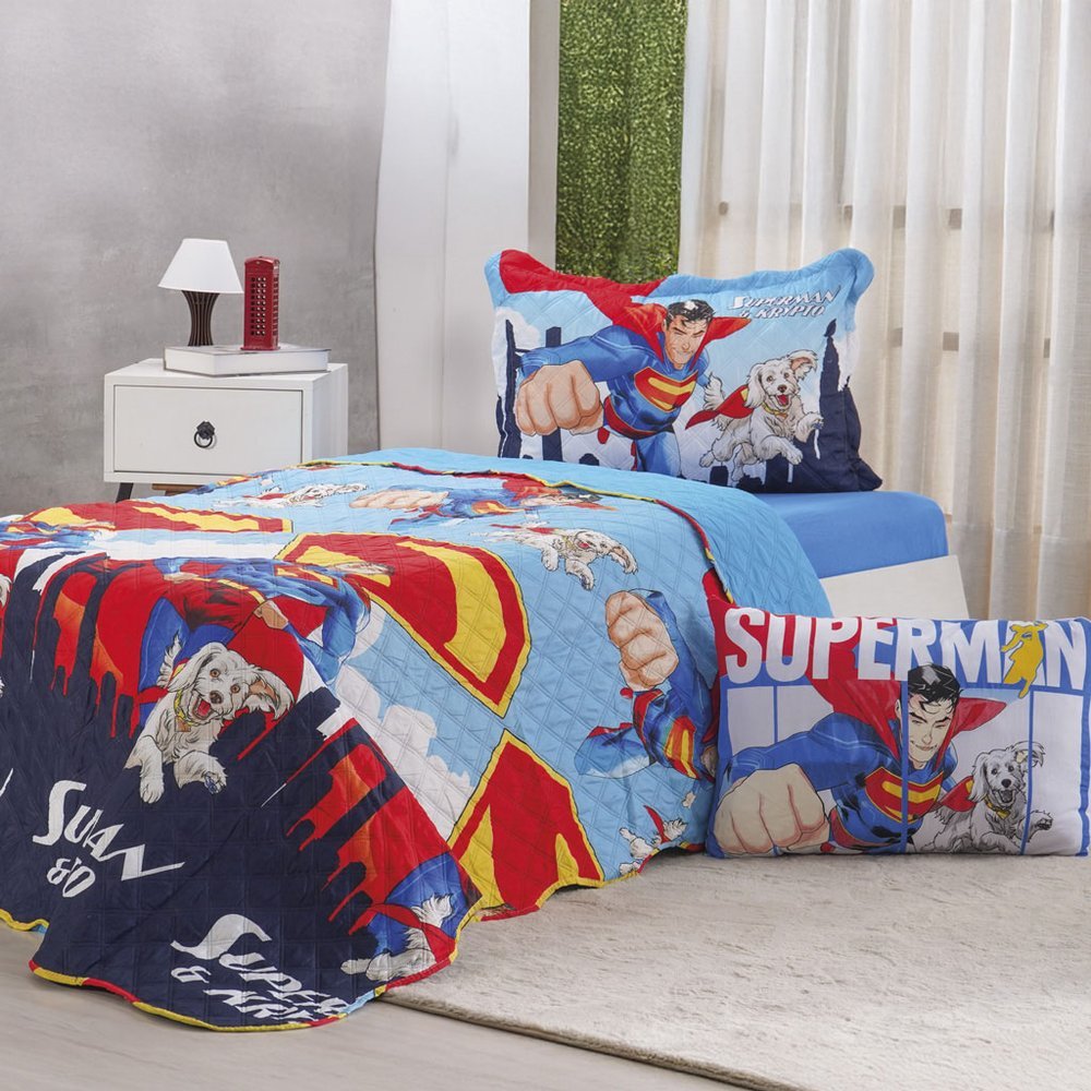 Kit Colcha e Jogo de Cama Solteiro Superman 100% Algodão 160x220cm Bene Casa