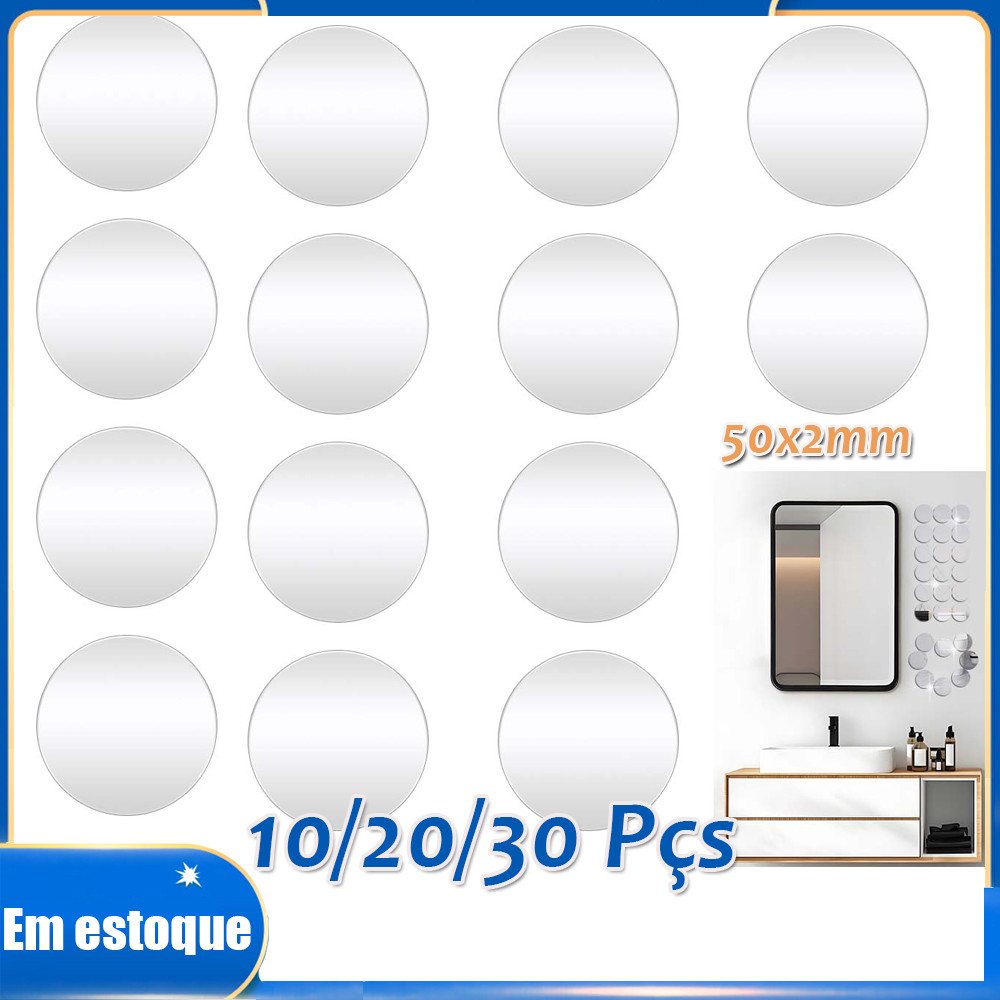 Kit 10/20/30pçs Espelhos Círculos Acrílico Redondo Decorativo Adesivo para Parede Maquiagem Banheiro Moda 50x50x2mm