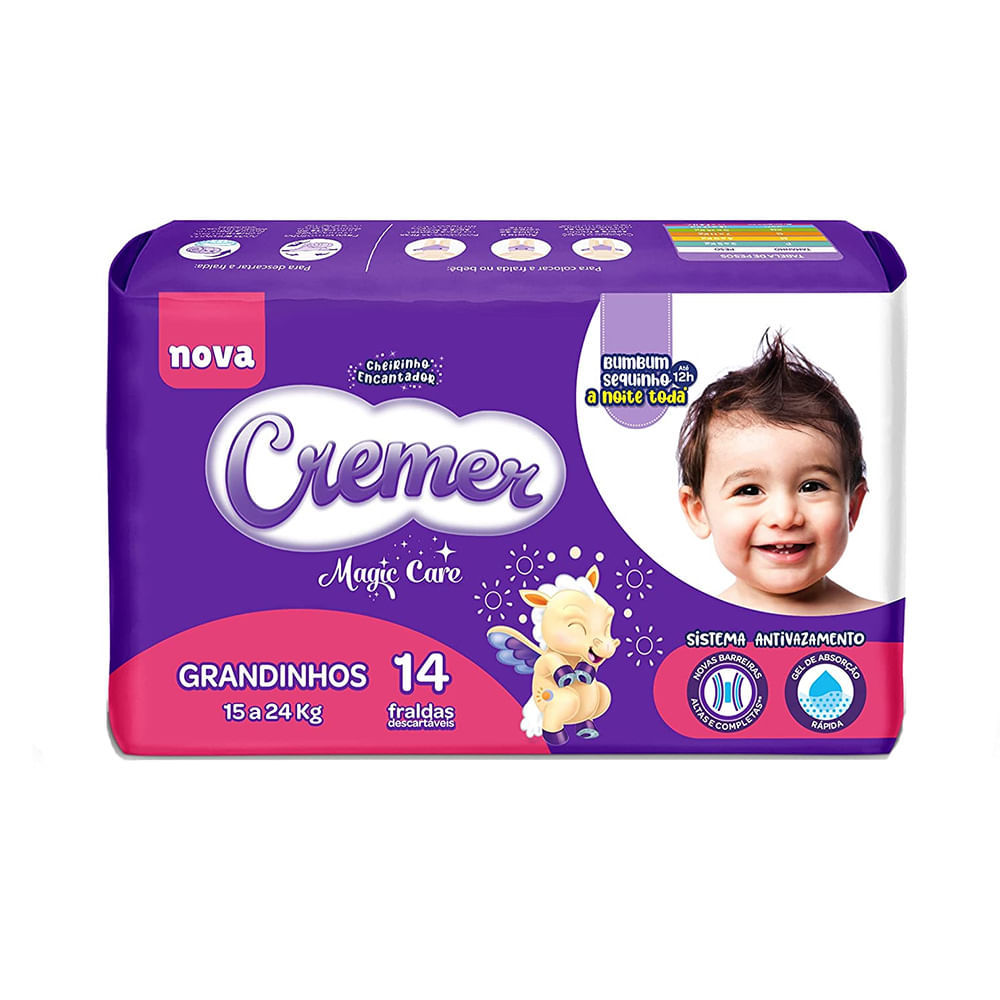 Fralda Cremer Magic Care Grandinhos Pacote Jumbo 14 Unidades Descartáveis em Oferta na Shopee