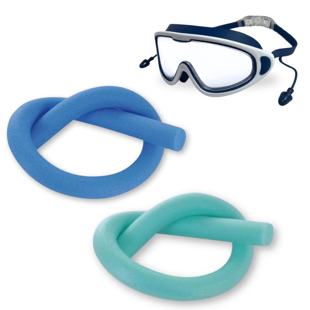 Oculos de Natação com Proteção Uv/ Antiembaçante Azul + 2 Und Flutuador Espaguete Boia Piscina Praia