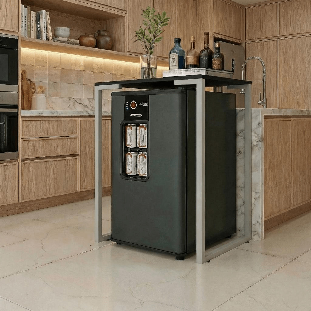 Mesa para Frigobar e Cervejeira Industrial Compacta Pés em Aço Bege Claro 68x45x90 cm