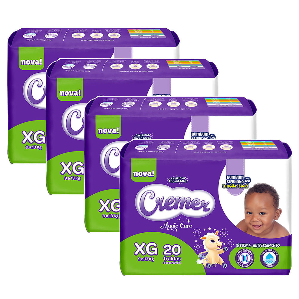 Kit 4 Fralda Cremer Magic Care Tamanho XG Pacote Prática com 20 Fraldas Descartáveis