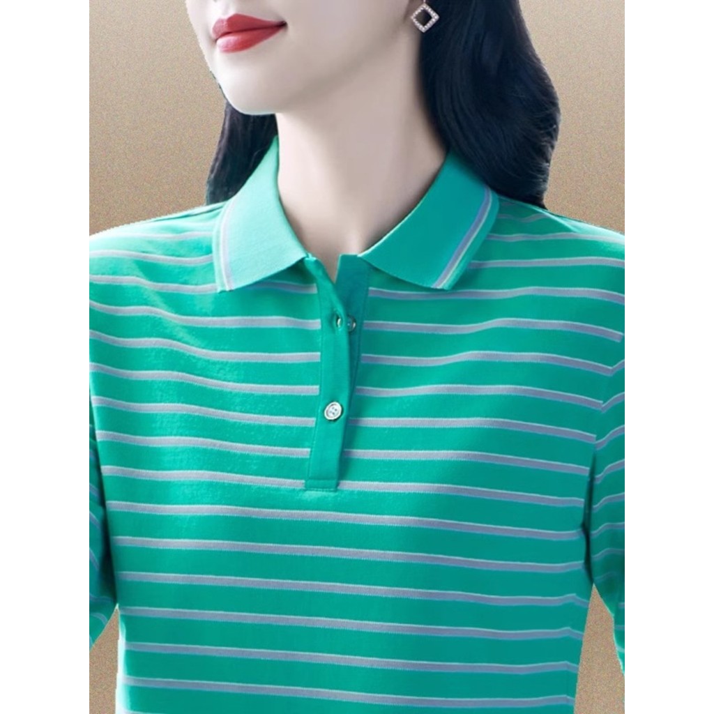 Estilo ocidental listrado lapela de manga comprida camiseta feminina primavera outono solto idade-reduzindo algodão puro