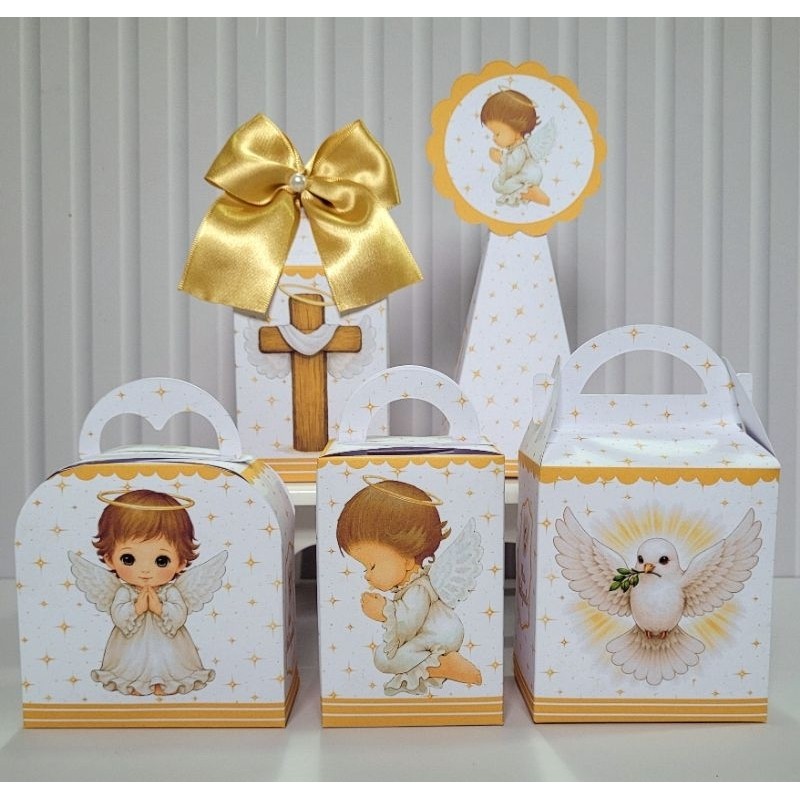 Personalizados Batizado Anjinho Dourado Pegue Monte Caixinha Lembrancinha Kit Festa Batismo Anjinho Orando Luxo Menino
