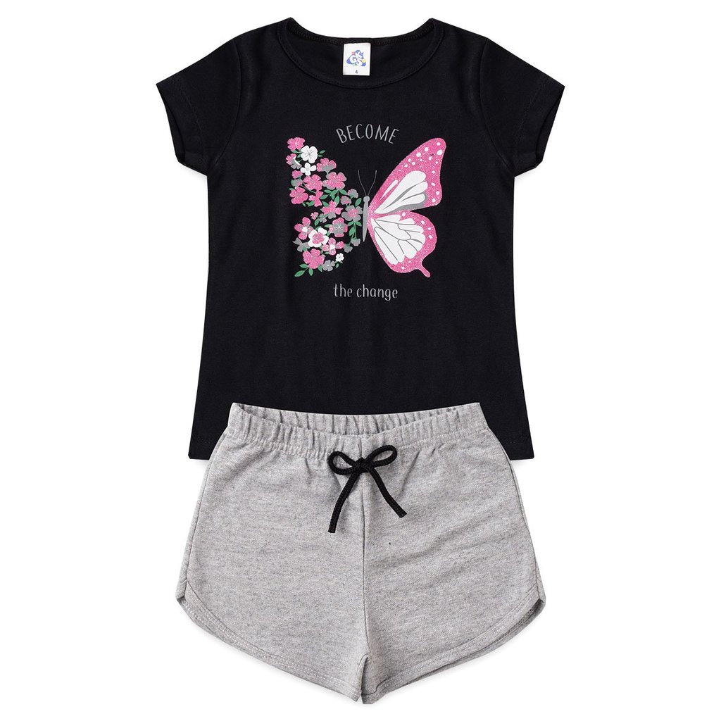 Conjunto de Verão Infantil Roupa Menina Blusa Borboleta Meia Malha Algodão Shorts Moletinho Confortável Liso