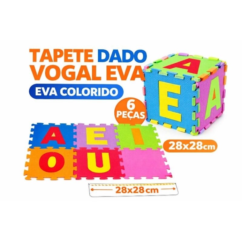 Tapete Tatame EVA Infantil Vogais 28x28cm 6 Peças Educativo Alfabeto Bebê Montar Dado EVA Colorido Alfabetização tatami