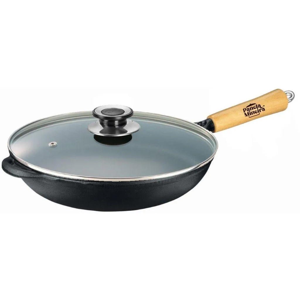 Frigideira Wok 2,5l Ferro Fundido Com Cabo de Madeira e Tampa de Vidro 28cm Panela Mineira