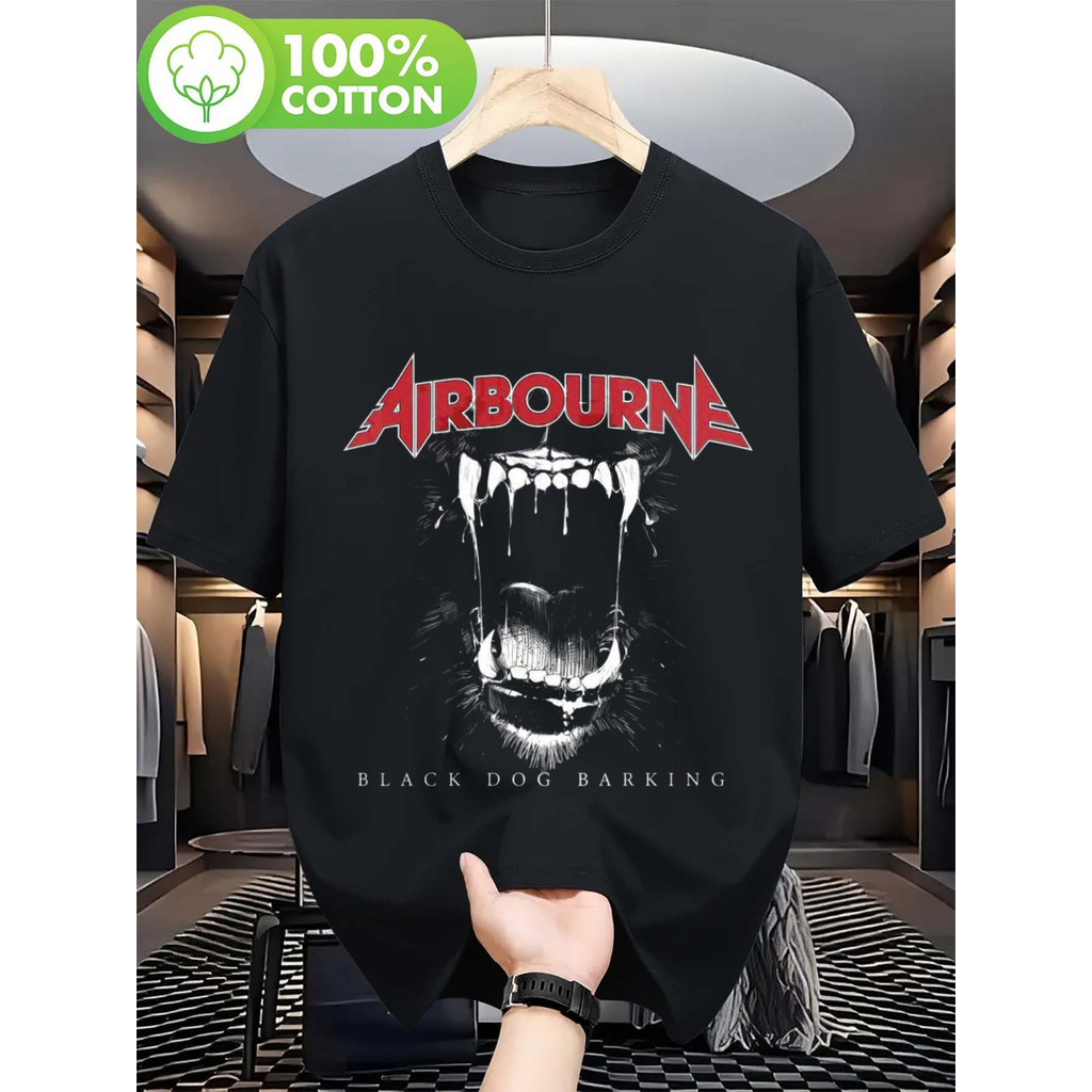 Camiseta Vintage Airbourne Band Black Dog Barking Rock Lettering Vermelha Estilosa Confortável Atemporal Moda Casual