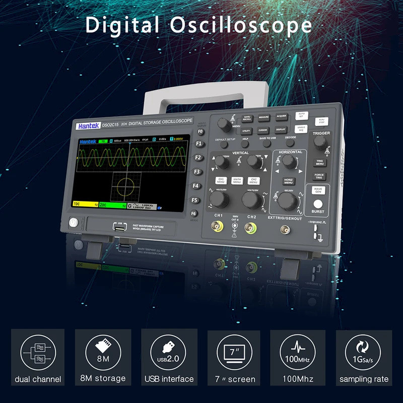 Hantek Osciloscópio Digital DSO2D15 2C15 2D10 2C10 2 Canais 100Mhz/150Mhz 25MHz Gerador De Sinal Voltímetro Medidor De F